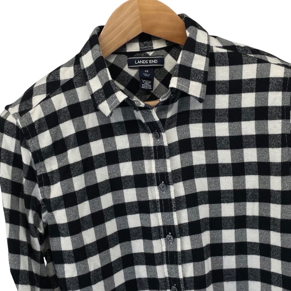 Lands End Womens 12 Black White‎ Buffalo Check Flannel Shirt Cotton Cottagecore